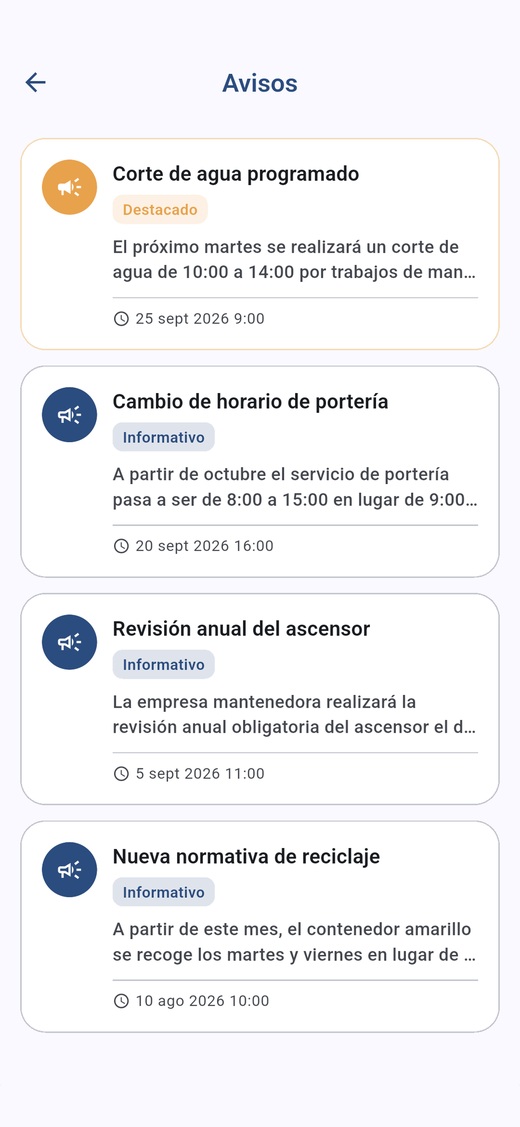 Pantalla de avisos de M16Community con comunicados de la comunidad