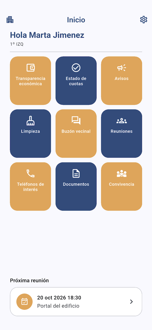 Pantalla de inicio de M16Community con el menú de la comunidad: avisos, cuotas, reuniones, documentos y más