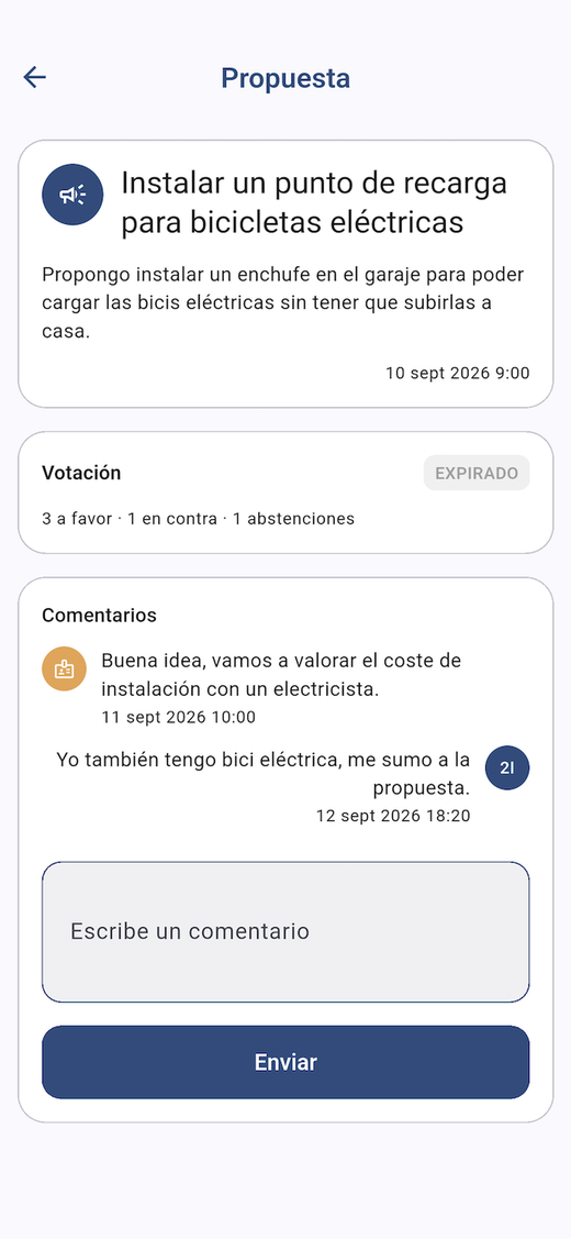 Pantalla de una propuesta vecinal en M16Community con votación y comentarios
